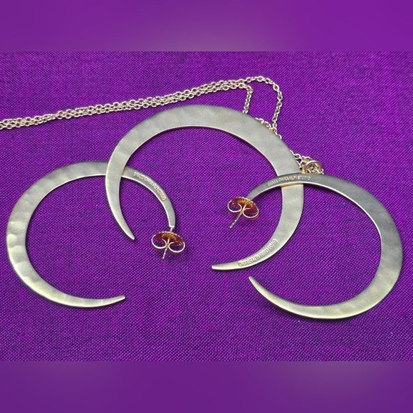 RARE-RLM Studio Hammered Brass Moon Pendant 18" Necklace & Matching Earrings Set - Picture 6 of 16